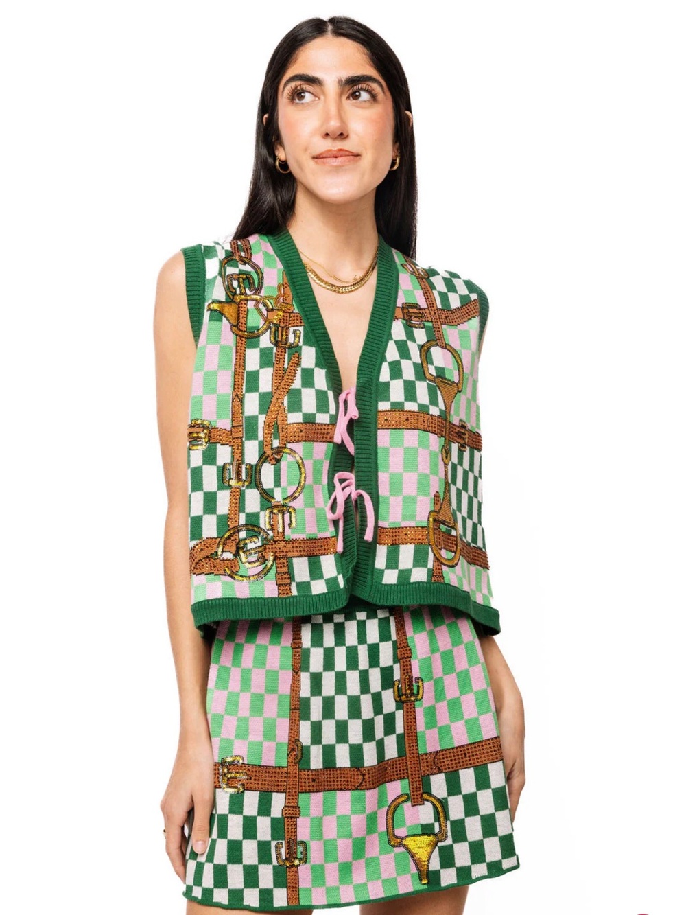 NWT Queen of Sparkles Colorblock Checkered Horse Bit Tie Up Tank KY Derby